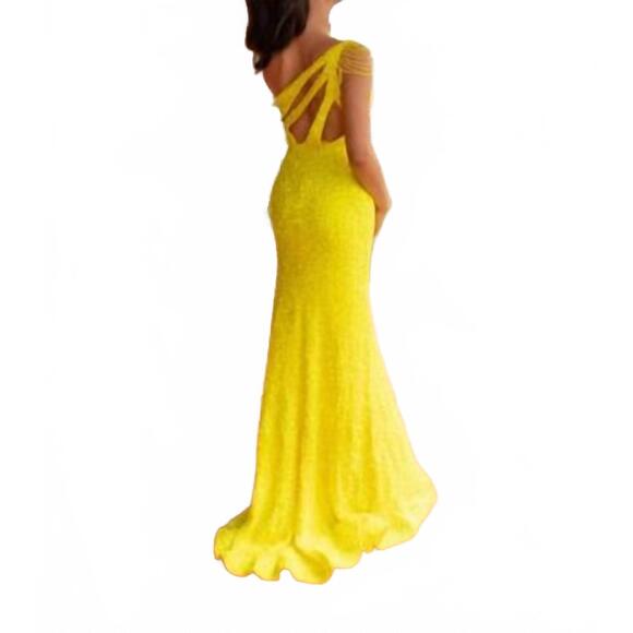 NEW VIENNA PROM one shoulder sequin beaded gown in yellow - Picture 2 of 2
